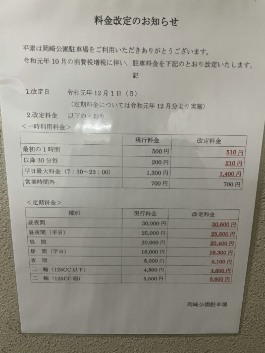 岡崎公園駐車場の料金表