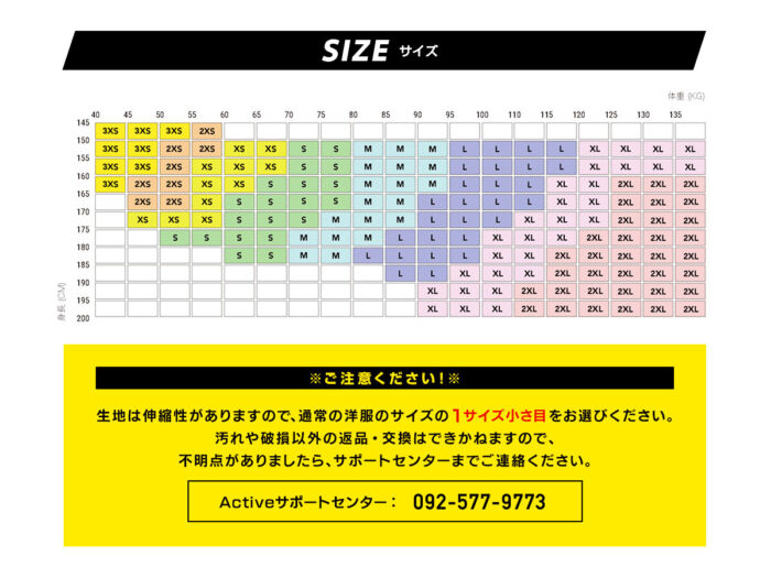 EMSスーツActiveのサイズ表